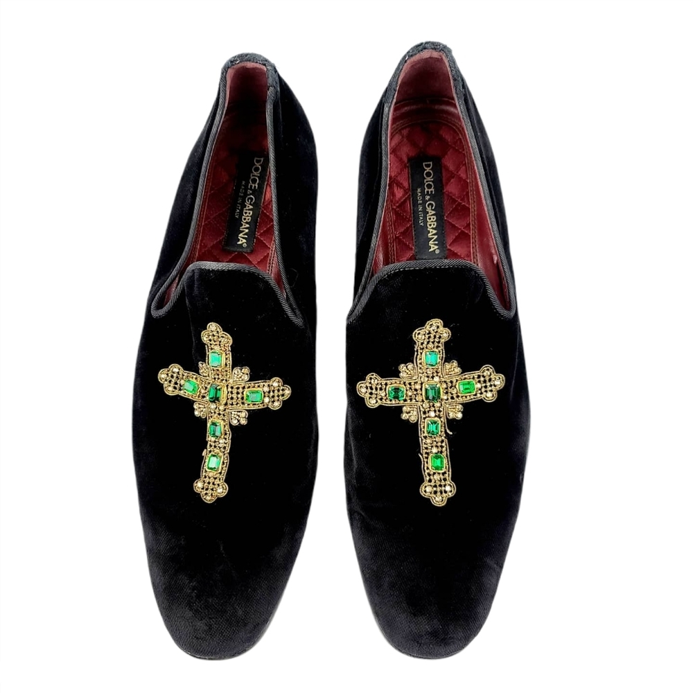 Dolce & Gabbana Velvet Gold Rhinestone Loafers